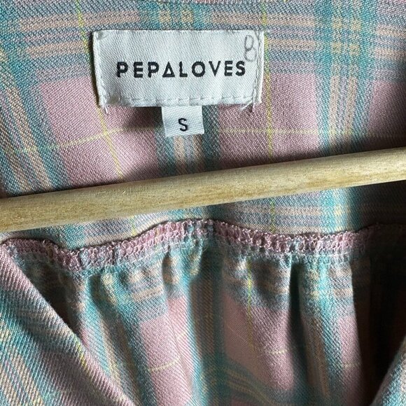 PEPALOVES SQUARES SHORT DRESS NUDE RELAXED FIT PINK GREEN PLAID PATTER POCKETS - Picture 10 of 12